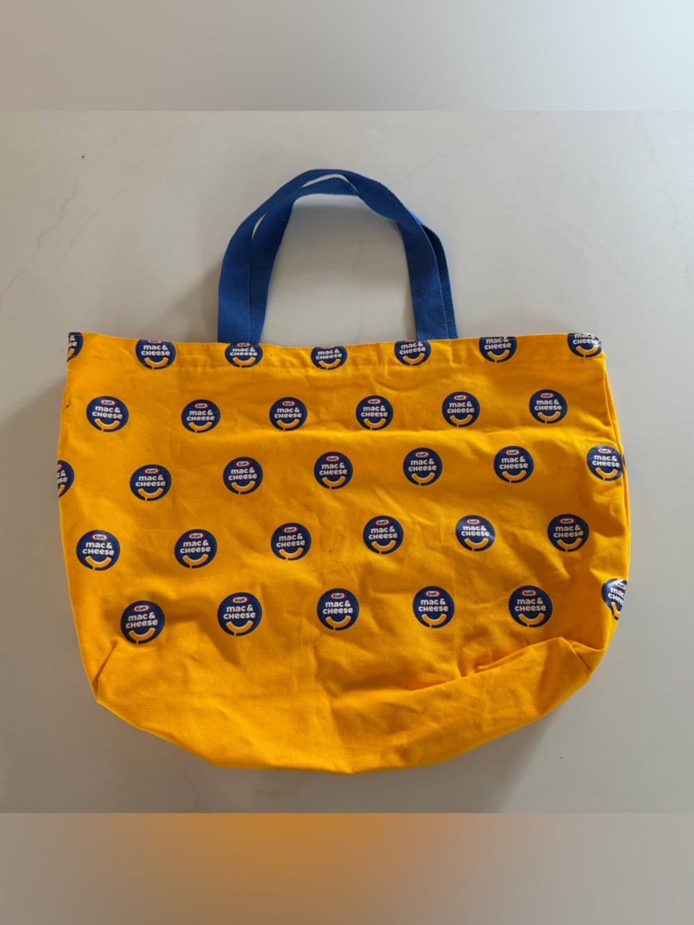 Mac And Cheese Yellow Canvas Tote with Blue Logo Dots